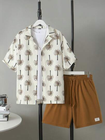 2 件套男士休闲棕榈树印花 Polo 领短袖衬衫和抽绳短裤，假日度假装
