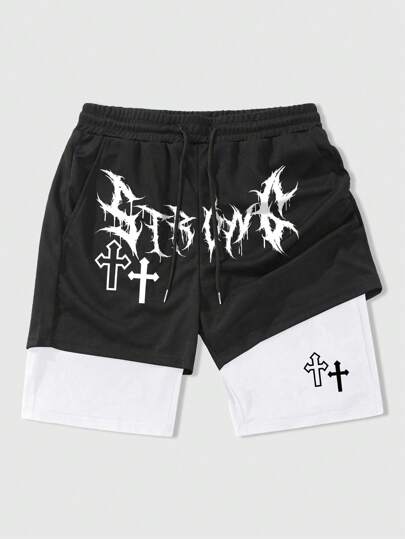 Herren Gothic Muster 2 in 1 Kreuz Shorts, geeignet für den täglichen Gebrauch im Frühling und Sommer, Halloween