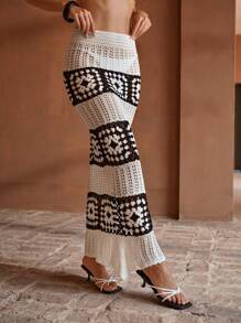 MOTF PREMIUM CROCHET MERMAID HEM COVER UP SKIRT FOR SUMMER BEACH VACATION - Black and White - View 4