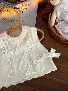 SHEIN LMoss Kids 2 件套女婴优雅蝴蝶结装饰背心和纯色裤子套装 - 黑與白 - 查看 5