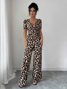 Elenzga Ladies' Elegant Vacation And Casual Summer Leopard Print Jumpsuit