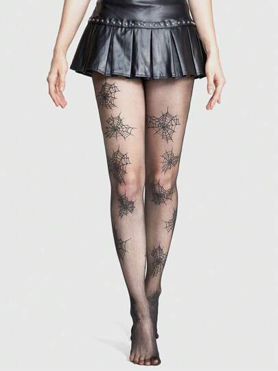 Grunge Punk جوارب طويلة أنيقة بنمط شبكة العنكبوت غير متماثل باللون الأسود، جوارب نسائية مثيرة، هالوين