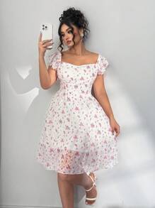 SHEIN Clasi Plus Size Women Scoop Neck Cap Sleeve Waist Drawstring Floral Jacquard Bohemian Holiday Mini Dress - Pink - View 4