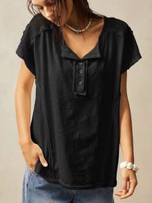 Bohemela 休闲半拉链短袖宽松女式T恤 - 黑色 - 查看 7