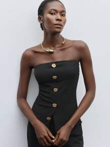 Maija Women's Metal Color Block Button Front Slit Hem Strapless Top, Black,Autumn Outfits For Women - Black - View 6