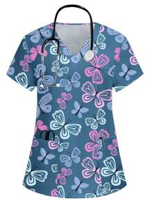 PopScrub Top de uniforme de enfermería con estampado de mariposa colorido y lindo - Multicolor - Ver 1