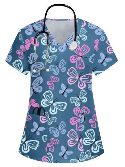 PopScrub Cute Cartoon Colorful Butterfly Print Nurse Work Scrub Uniform Top