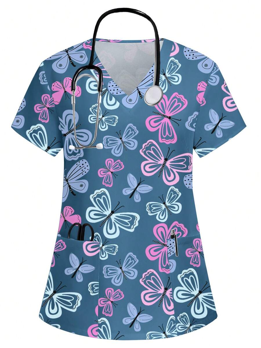 PopScrub Top de uniforme de enfermería con estampado de mariposa colorido y lindo - Multicolor - Ver 1