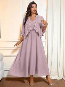 Bellastra Plus Size Mother Of The Bride Guest Outfit, Dress + Shawl Jacket Set For Wedding - Dusty Pink - View 9