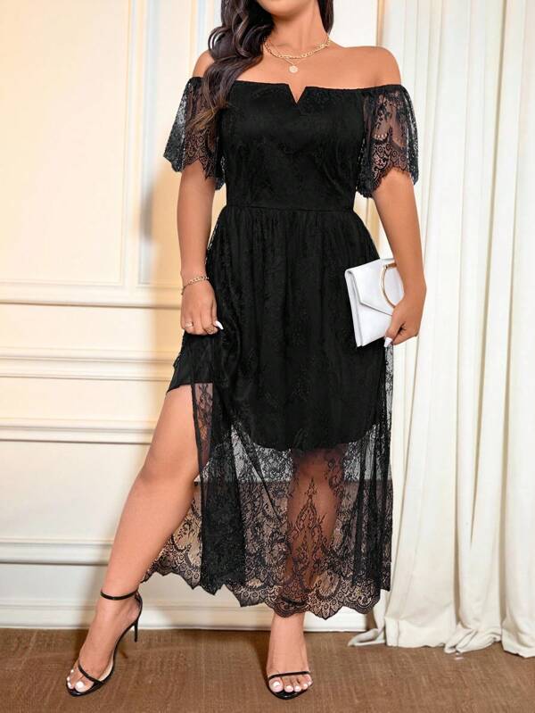 Cravure Plus Size Women One-Shoulder Hollow Out Floral Slit Hem Short Sleeve Maxi Dress,Birthday Outfits