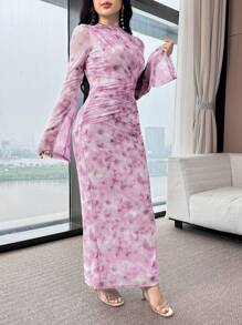 Feyla 女士花卉印花褶皱长袖连衣裙 - 紫色 - 查看 6