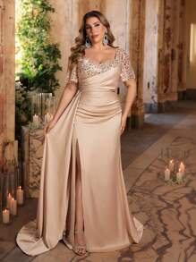 Glamrae 优雅闪亮亮片装饰网眼袖褶饰美人鱼晚礼服，开衩，奢华缎面拼接，适合婚礼、派对、度假、舞会，加大码 - 香檳色 - 查看 8