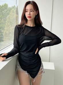 DAZY 不对称下摆拇指孔透视上衣无吊带背心外出上衣长袖女式上衣 - 黑色 - 查看 8