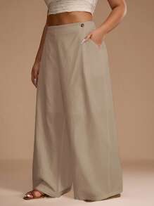 SHEIN Unity 女士大码白色夏季休闲度假宽松长裤/亚麻长裤/夏季长裤/白色女裤/阔腿女裤/双扣设计/大码正装裤/通勤上班 - 杏色 - 查看 1