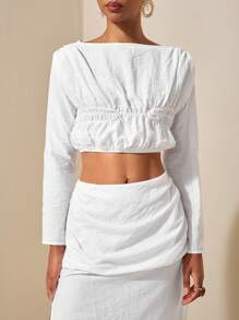 Zivah 20  Spring/Summer New Arrivals: Music Festival, Easter, St. Patrick's Day, Western, Nomadic, Birthday Party, Graduation, School, Daily Casual, All-Match, Leisure, Vacation, Cruise, Beach, Sunbathing, Viral, Streetwear, Wedding Guest, Commute, Brunch, Airport, Gathered Neck Shirred Top Crop Top - White - View 4