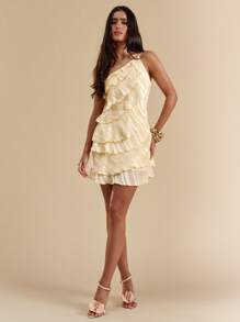 SHEIN BAE Vestido mini de unicolor melocotón con hojas de loto en capas, apto para uso diario, salidas nocturnas, discotecas, fiestas, reuniones, fiestas de cóctel, fiestas de piscina, ropa de vuelta al colegio, vestidos de temporada escolar, vestidos de vacaciones, ropa de festivales de música, ropa de festivales de música country, ropa de conciertos, vestido amarillo mantequilla - Amarillo - Ver 4