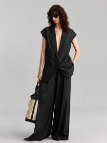 Ontre Women's Casual Black Blazer: Thigh-Length Cap Sleeve Woven Fabric Jacket With Lapel Neckline And Pockets, Semi-Sheer And Perfect For Summer - Black - View 6