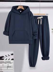 SHEIN 休闲纯色连帽长袖运动衫和运动裤套装，适合青少年，通勤、上学、休闲、度假、运动、派对、秋冬等多种场合 - 藏蓝色 - 查看 3
