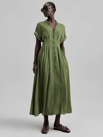 Ontre 2025新款女士纯色V领蝙蝠袖褶裥单排扣休闲连衣裙，优雅夏季中长连衣裙，毕业礼服，度假连衣裙，沙滩音乐节连衣裙，圣诞节服装，秋冬新年服装