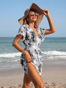 Swim Lushoire Vestido corto de pareo con estampado de plantas tropicales y mangas tipo murciélago para mujer, para vacaciones - Blanco y Negro - Ver 5