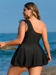 Swim Lushoire Conjunto de traje de baño de una pieza de unicolor con cuello asimétrico y falda sarong con bajo dividido para tallas grandes