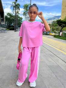 Conjunto informal de niña preadolescente para uso diario escolar, conjunto de Top suelta de cuello redondo con ribete de cinta a contraste y pantalón de chándal a juego, color rosa claro