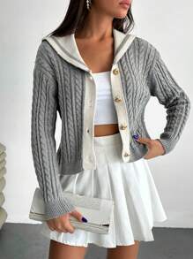 EURMUSE Women Cable Knit Pattern Front Button Chunky Cardigan,Long Cardigans Woman,Petite Cardigans,Cardigans - Grey - View 2
