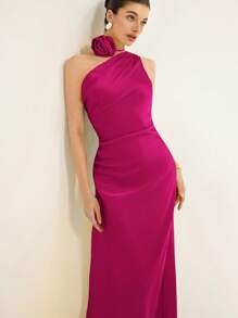 Revavyn 浪漫派对轻盈雪纺连衣裙，不对称领口，腰部褶饰设计，贴合腰部，领口系带细节，女士超长无袖 - 玫紅色 - 查看 5