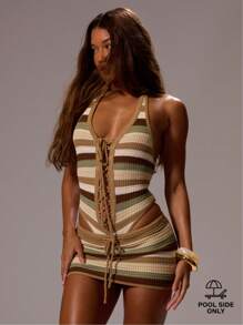 Musera Resort 条纹钩编针织露背吊带系带V领连体泳衣，春夏度假性感波西米亚风伊比沙岛音乐节沙滩装，西部纳什维尔派对狂欢节假日泳装 - 棕色 - 查看 1