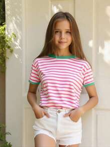 SHEIN 女童条纹印花宽松圆领短袖粉色 T 恤，适合青少年女孩的休闲夏季 T 恤