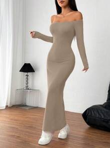 INAWLY Sexy Red Off-Shoulder High Split Maxi Dress - Khaki - View 6