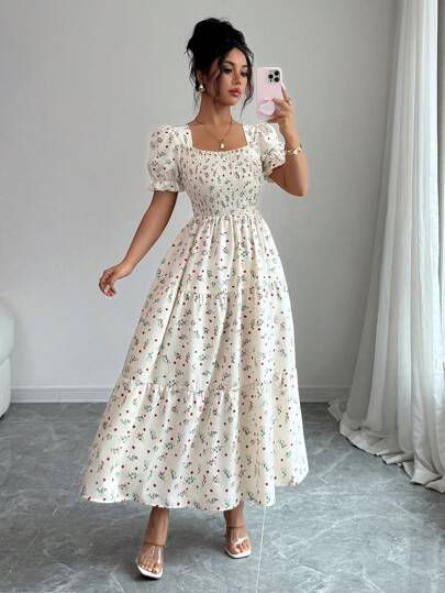 Elenzga Vestido de mujer de corte evasé con cuello cuadrado, cintura ceñida y diseño de parches con estampado floral diminuto