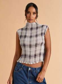 SHEIN BAE Blusa senza maniche con motivo a quadri marroni plissettata, semplice e casual, adatta per aeroporto, uscite, casual business, lavoro, stile Y2K, ritorno a scuola, autunno