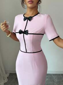 Modelyn 2pcs/Set Women's Simple Bow Decor Short Sleeve Top And Skirt Suit - Pink - View 3