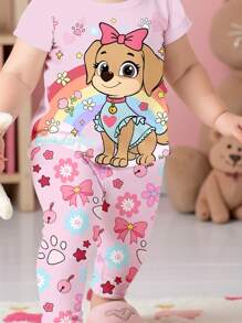 SHEIN 粉色可爱小狗印花，彩虹蝴蝶结花卉印花，女婴休闲简约贴身圆领短袖裤睡衣套装，适合夏季 - 彩色 - 查看 4