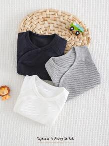 Cozy Pixies 3 Pieces Set Newborn Baby Boy/Girl Solid Color Soft Knit Round Neck Short Sleeve Bodysuit - Multicolor - View 8