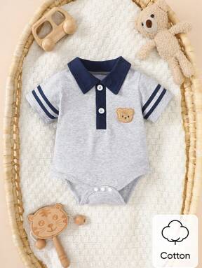 SHEIN Summer Newborn Baby Boy Baby Baby Baby Baby Blue Collar Splicing Gray Short Sleeved Small Bear Head Jumpsuit Fashionable Casual Sports Close Fitting Comfort