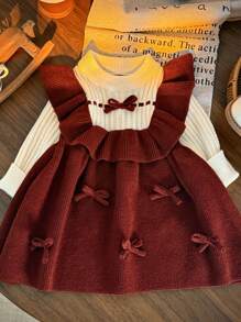 SHEIN Babygirl 撞色3D蝴蝶结装饰针织连衣裙，适合秋冬季 - 紅色 - 查看 7