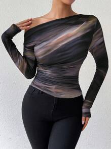 SHEIN Tall Women Tie Dye Print Asymmetrical Neck Ruched Long Sleeve T-Shirt For Spring Outfit Fall Cloth For Women - Brown - View 5