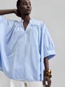 Ontre Blusa de hombro caído de unicolor simple con cuello en V para mujer, Top básica, uso casual de oficina de negocios