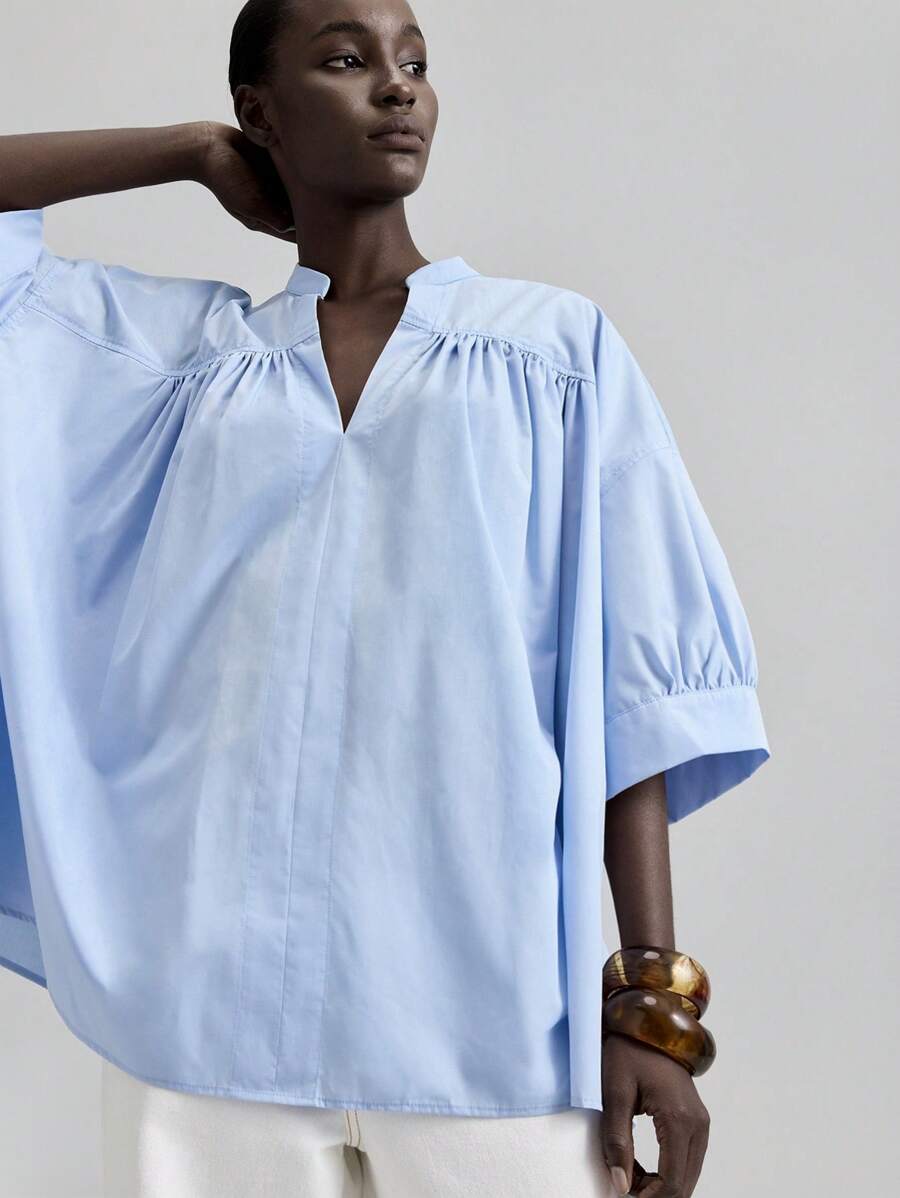 Ontre Blusa de hombro caído de unicolor simple con cuello en V para mujer, Top básica, uso casual de oficina de negocios