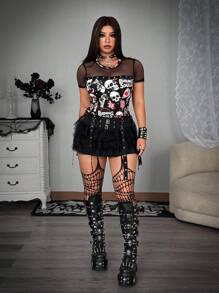 Whyspr Grunge Punk Plus Size Punk Skull Print Sheer Mesh Patchwork Short Sleeve T-Shirt, Summer