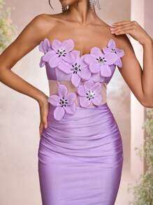 Glamrae 优雅浪漫的紫色手工五瓣水晶装饰 V 领腰开衩美人鱼鱼尾拖尾长裙，适合约会、单身派对、正式场合、舞会、鸡尾酒会、庆典（重磅） - 淡紫色 - 查看 7