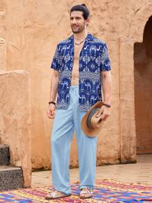 Manfinity VCAY 男士轻盈亚麻休闲沙滩裤，修身夏季度假沙滩装 - 霧霾藍 - 查看 3