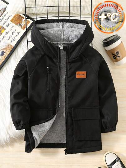 SHEIN Young Boy Casual Loose Hooded Padded Jacket Windbreaker, Solid Color Versatile Black Suitable For Sports, School, Spring, Autumn, Winter Boys Winter Jackets Toddler Boy Winter Coat Boys Thermal Lined Jacket Boys Hooded Jacket Fall