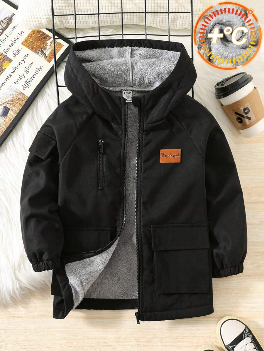 SHEIN 小男孩休閒寬鬆連帽填充外套防風衣，純黑色冬季職業日外套，小男孩保暖內裡連帽夾克，適合學校運動