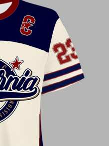 SHEIN Leap Crew 青少年女孩复古字母和数字徽章图案休闲中长连衣裙，时尚运动针织款式，短袖，适合夏季凉爽服装系列，女孩 Chroma 精选，返校韩式风格，轻松运动装，儿童图案 T 恤，运动休闲，夏季服装，毕业季必备