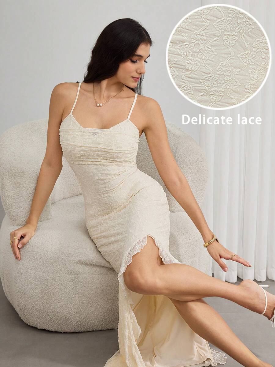 Modelyn Women Elegant Solid Color Lace Slit Camisole Dress - Apricot - View 1