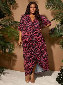 SHEIN SXY 大码女式春夏优雅性感豹纹凹纹时尚开衩前聚拢连衣裙 - 紅色 - 查看 6