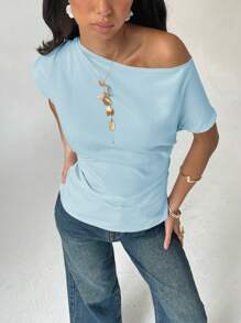 Aloruh Women's Plain Asymmetric Ruched Collar Short Sleeve Elegant Blouse, Summer - Blue - View 3